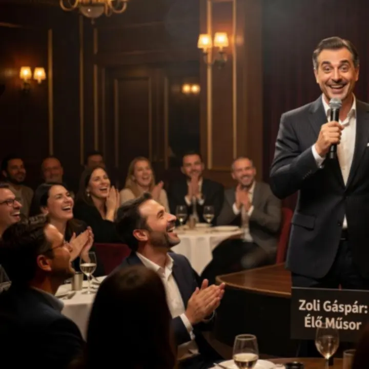 Stand-up vendégfellépő mikrofon mögött, közönség előtt